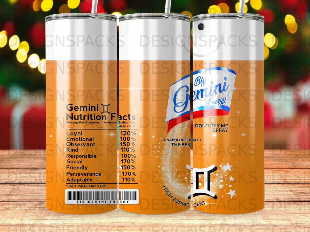 Gemini zodiac sign tumbler with nutrition facts and "Don't Try Me" text.