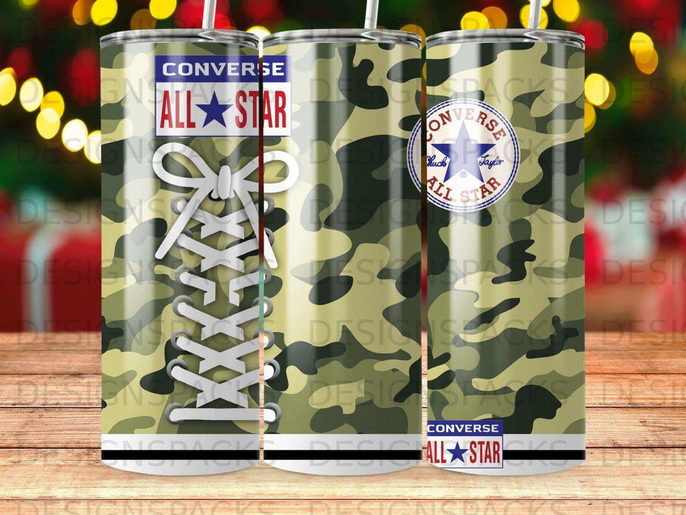Camouflage Converse All Star tumbler with white laces and red logo.