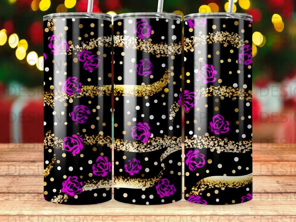 Black tumbler with purple roses, gold polka dots, and glitter stripes.