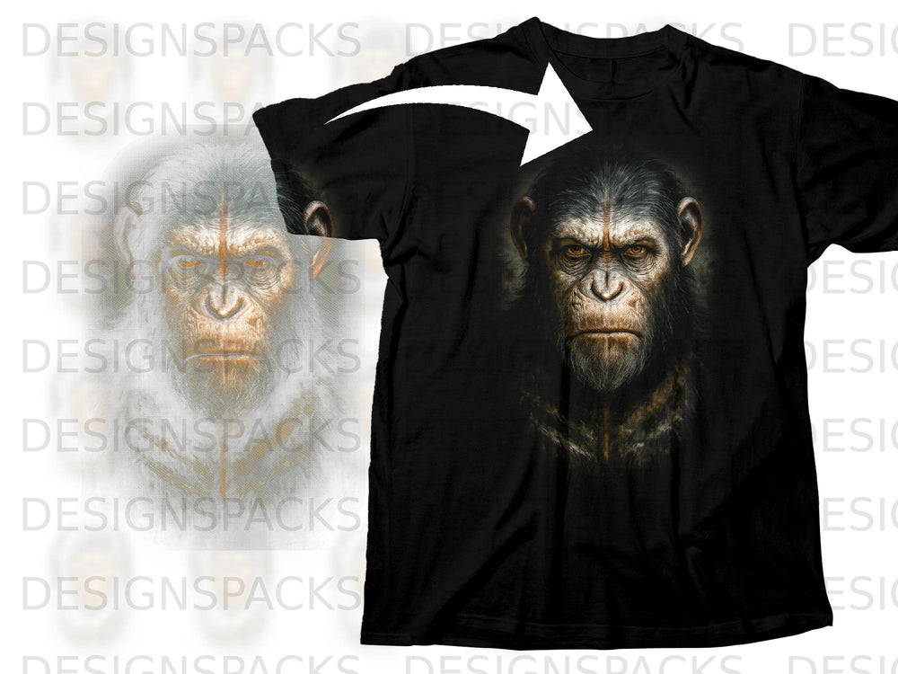Black t-shirt with a detailed close-up of a chimpanzee's face printed on the front.