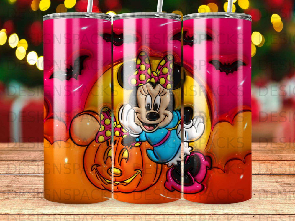 Minnie Mouse on a jack-o'-lantern with polka dot bow and bats.
