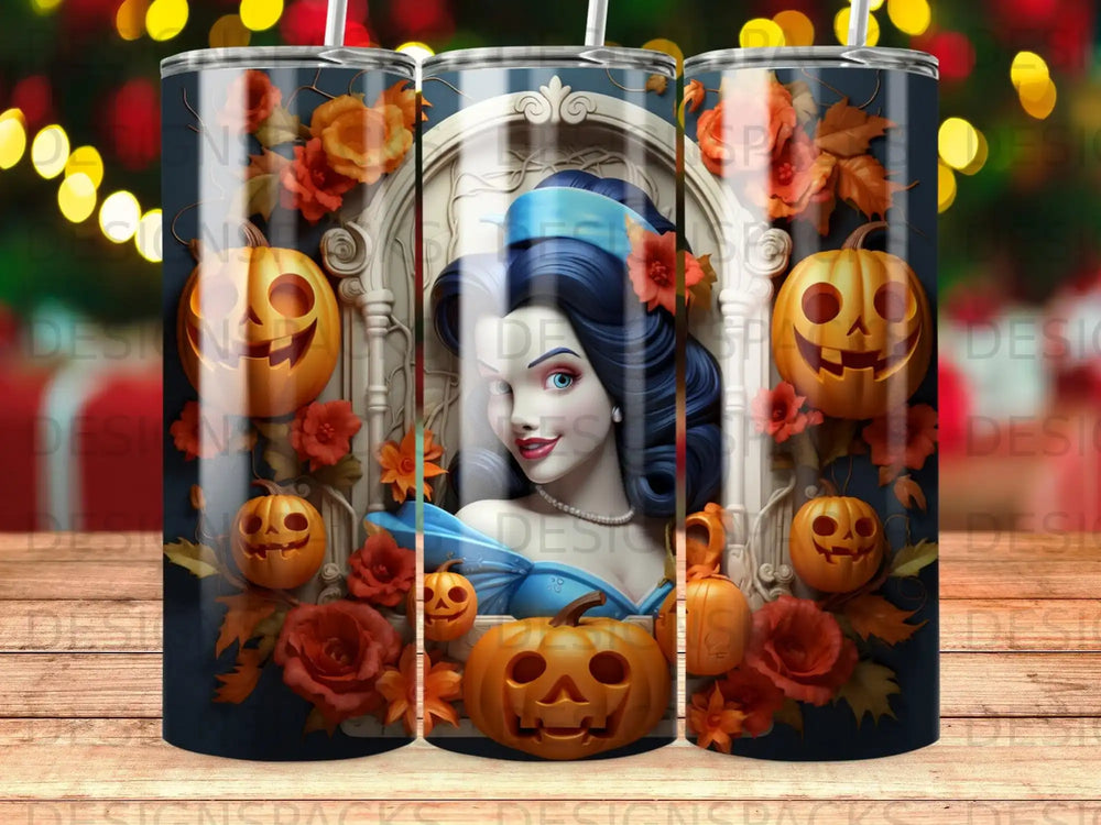 Halloween tumbler featuring Cinderella surrounded by pumpkins and roses.