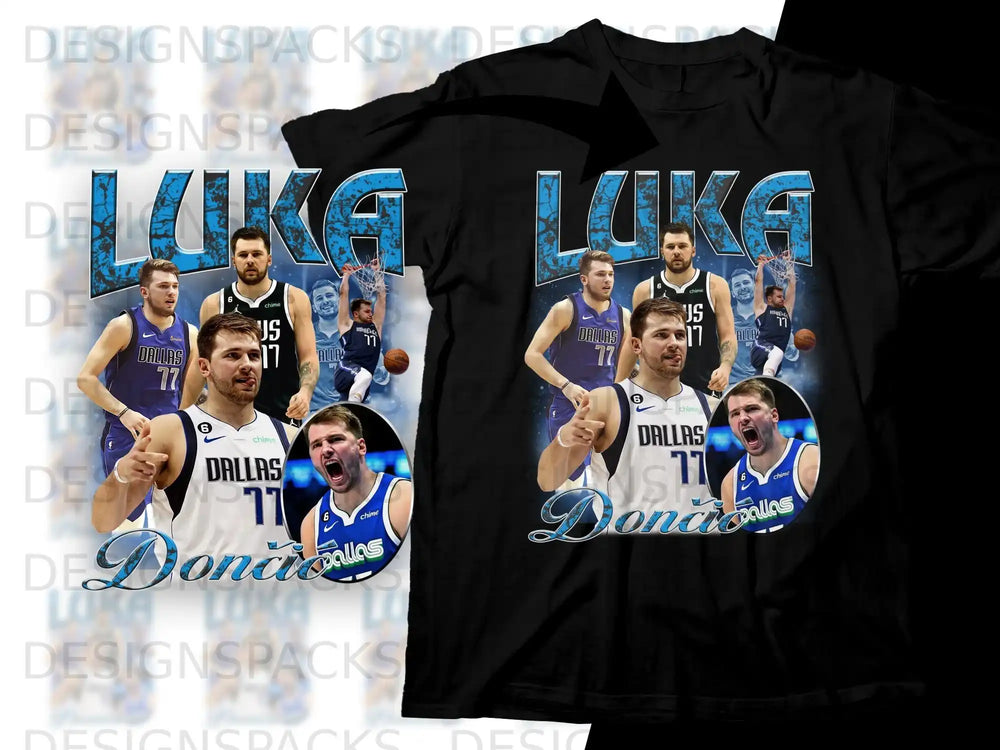 Dallas Mavericks Luka Dončić 77 jersey on black t-shirt.