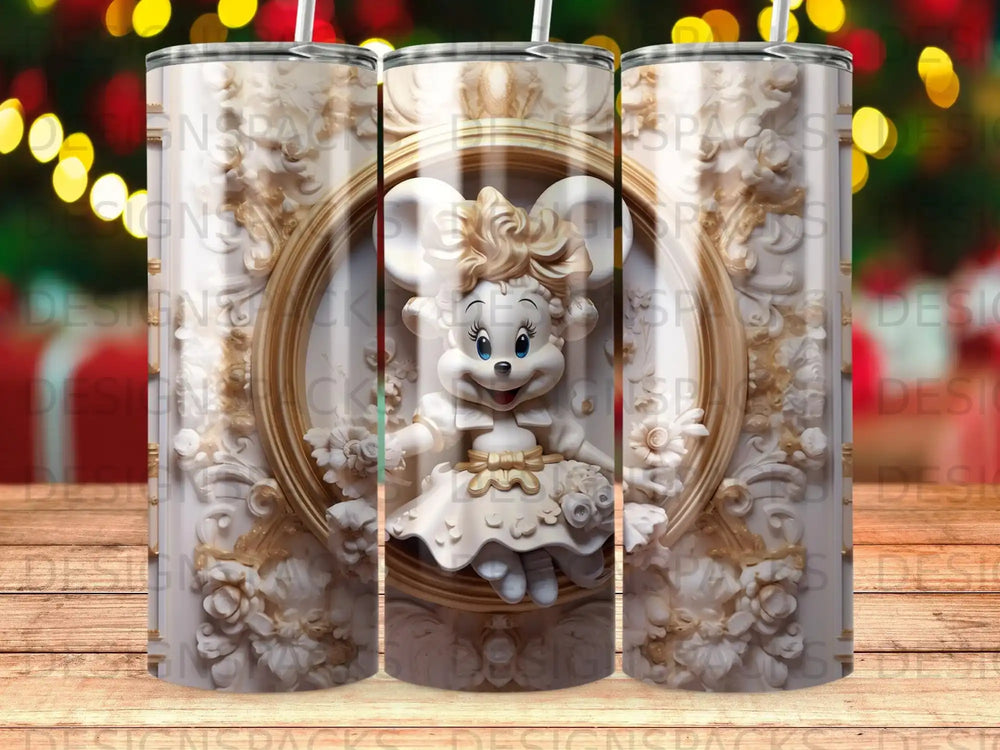 Minnie Mouse in a detailed, ornate frame on a patterned tumbler.