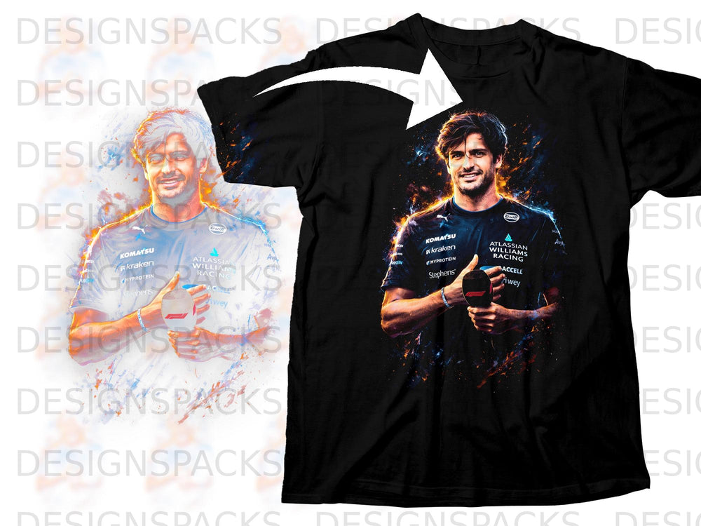 Black t-shirt with a watercolor portrait of a smiling man holding a table tennis paddle.