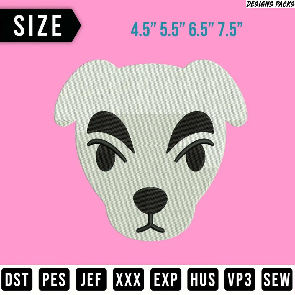 Embroidery design of K.K. Slider's face, available in four sizes.