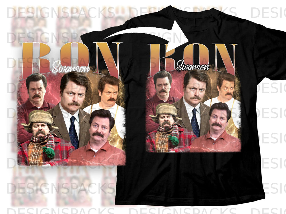 Ron Swanson collage on black t-shirt with lightning and golden text.