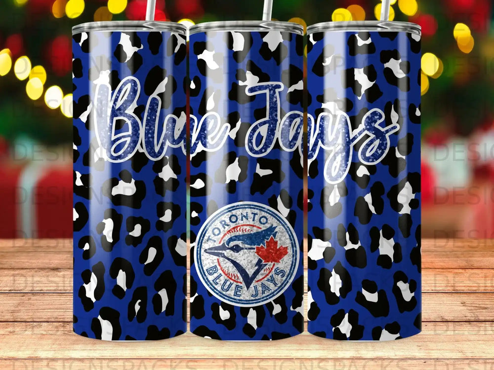 Toronto Blue Jays leopard print tumbler with logo.