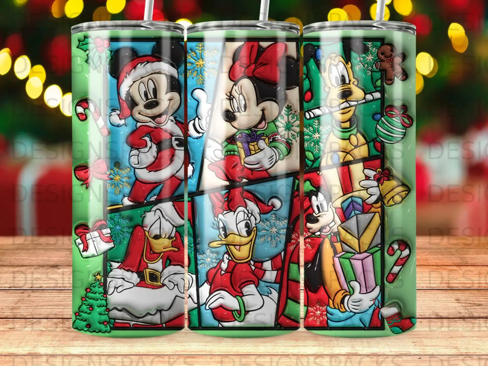 Christmas tumbler with Mickey Mouse, Minnie Mouse, Donald Duck, and Pluto holding gifts.
