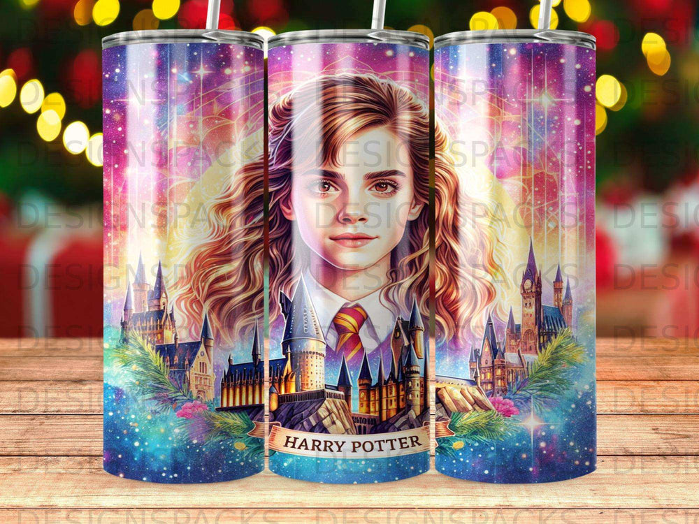 Harry Potter illustration on a tumbler with Hogwarts castle.
