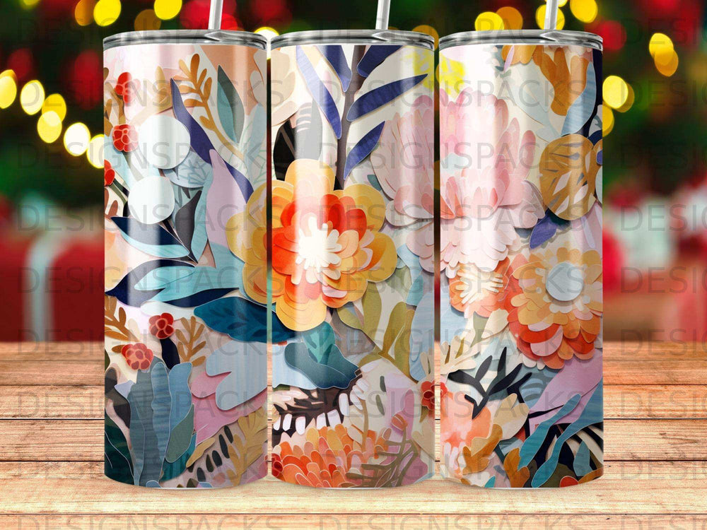 Three tumblers with a vibrant, layered floral and foliage pattern.