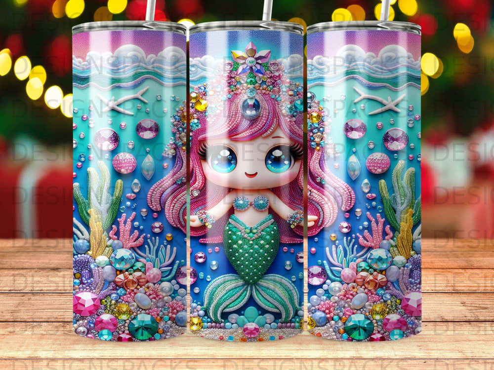 Cute cartoon mermaid with pink hair, green tail, and bejeweled crown.