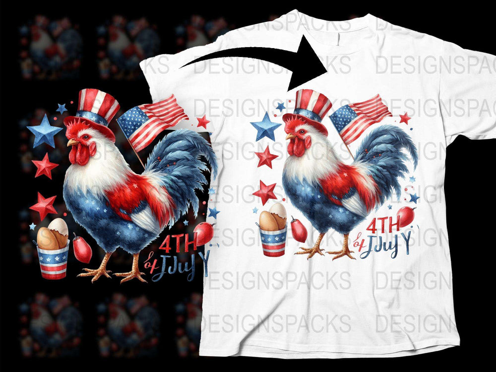 Patriotic Rooster 4th of July T-Shirt, American Flag Colors, Independence Day Apparel for Adults
