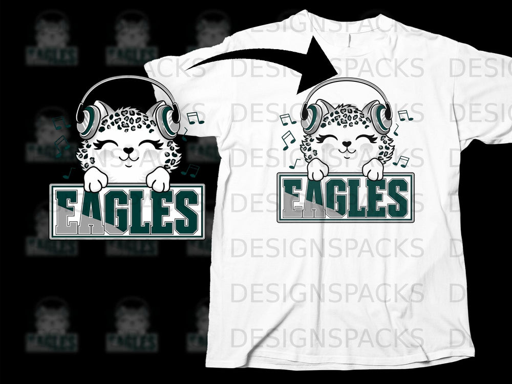 Cartoon leopard wearing headphones above "Eagles" text on a t-shirt.