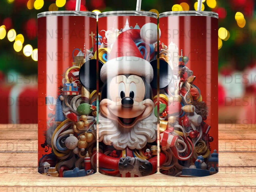 Mickey Mouse in a Santa hat surrounded by Christmas gifts and decorations.