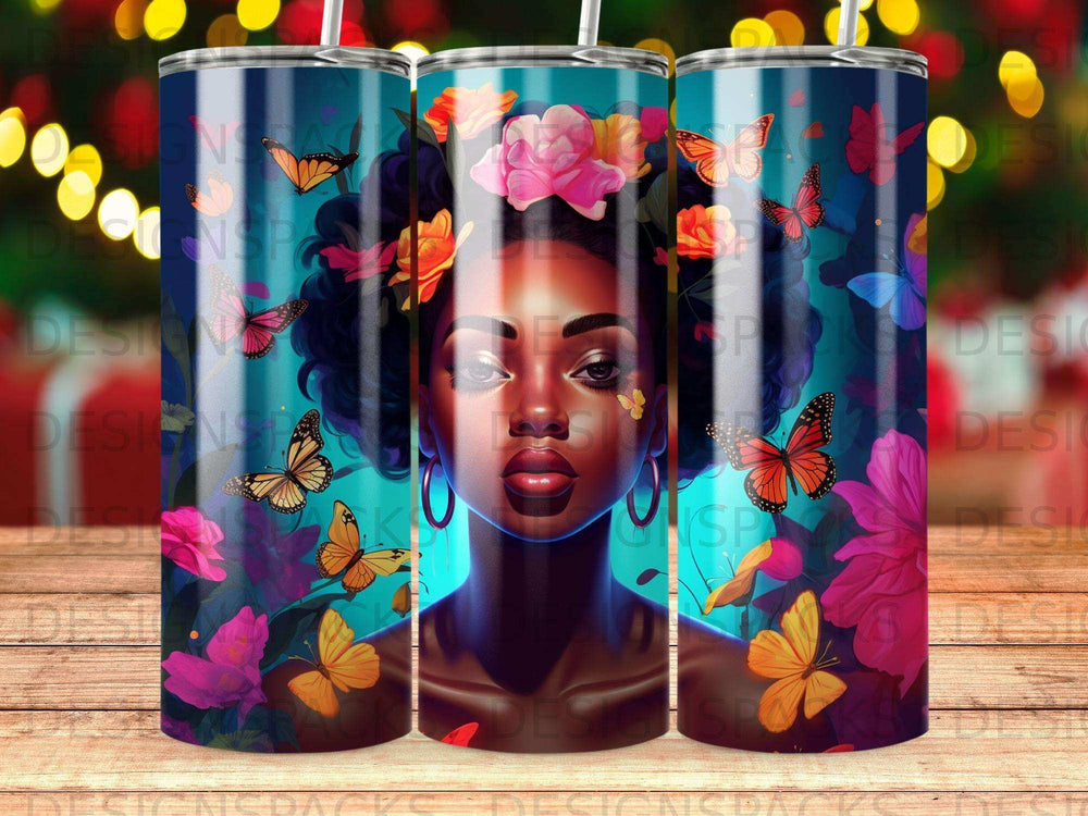 Woman with flowers and butterflies on a colorful, abstract background.