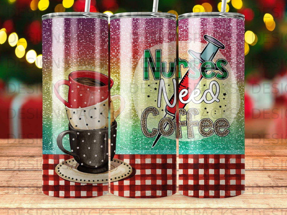 Two stacked mugs of coffee with "Nurses Need Coffee" and a syringe design.