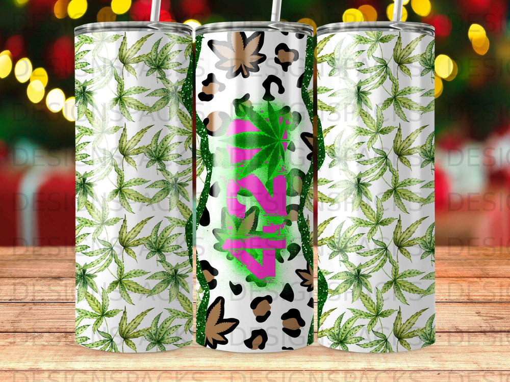 Three tumblers with marijuana leaves and leopard print pattern.
