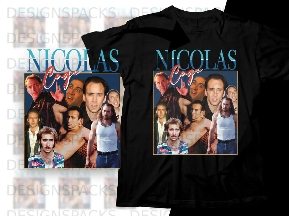 Nicolas Cage collage t-shirt design with multiple photos of the actor.