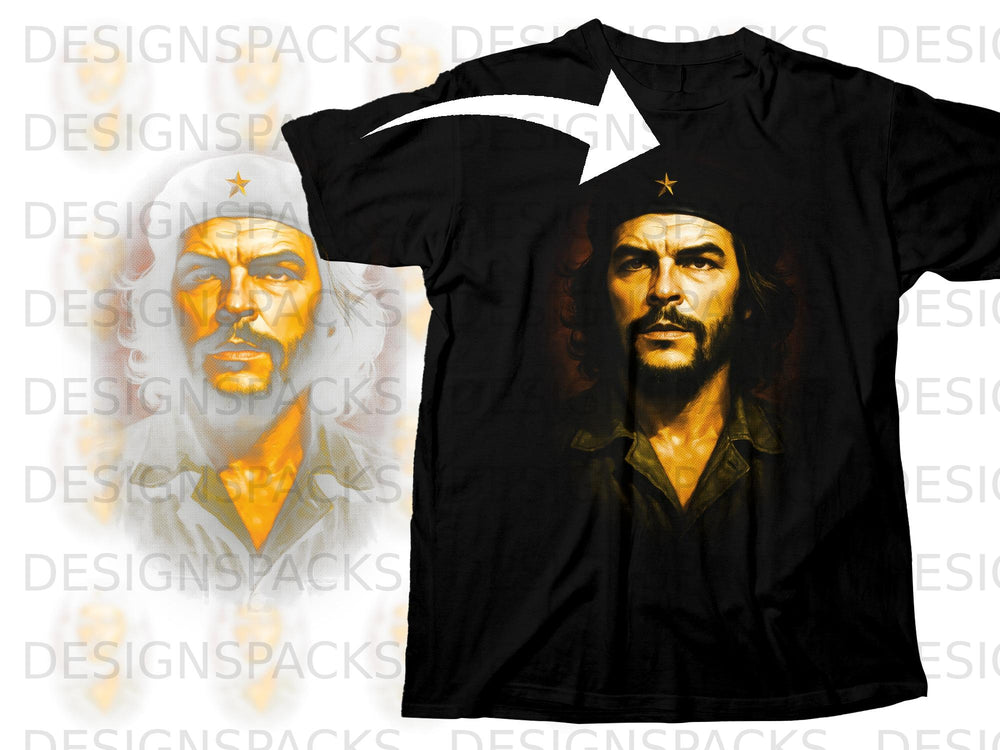 Black t-shirt with Che Guevara portrait and star on beret.
