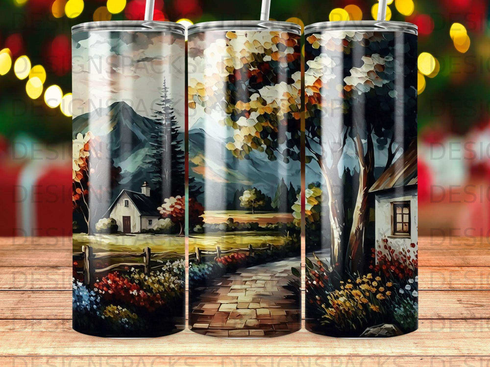 Tumbler with painting of a rural home, path, and autumn trees.
