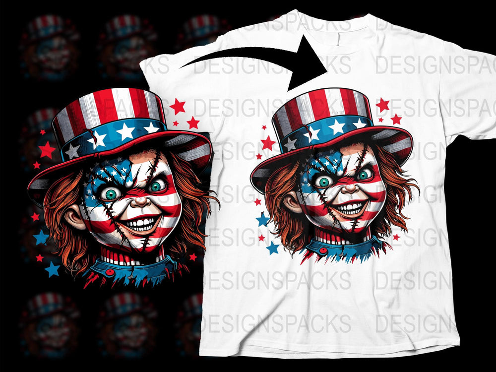 Patriotic Clown T-Shirt with American Flag Hat, Stars, Unique Horror Graphic Tee