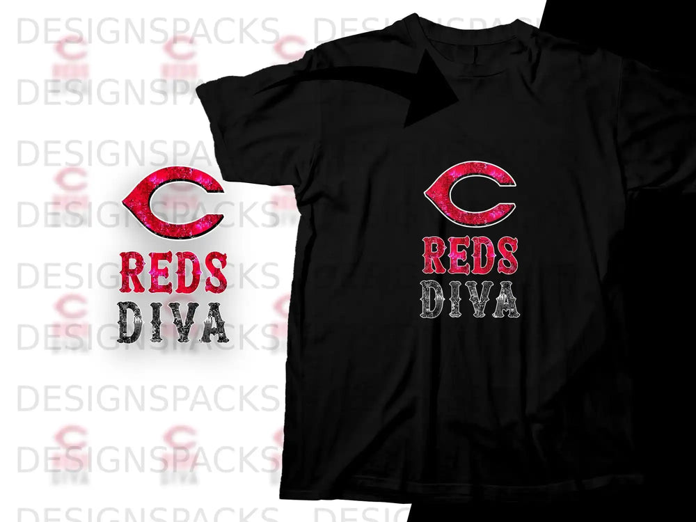 Black t-shirt with red Cincinnati Reds "Diva" text and "C" logo.