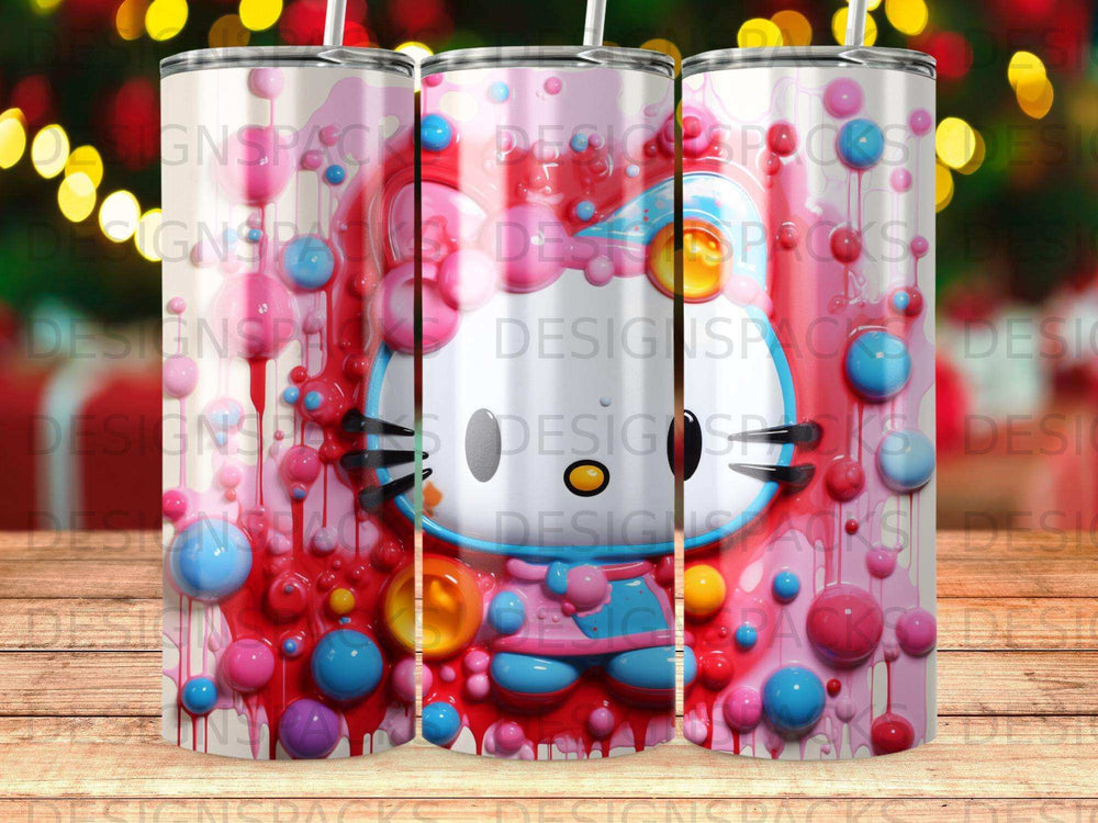 Hello Kitty character with colorful bubbles and pink accents on a tumbler.