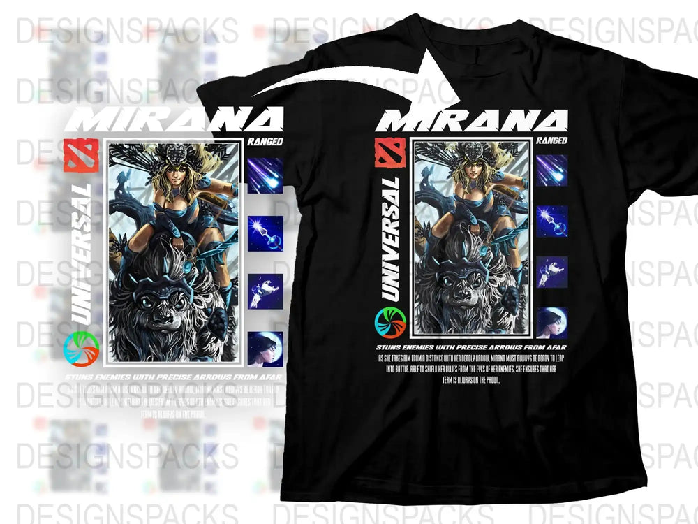 Black Graphic T-Shirt with Fantasy Warrior Woman and Wolf Design, Unique Artistic Apparel