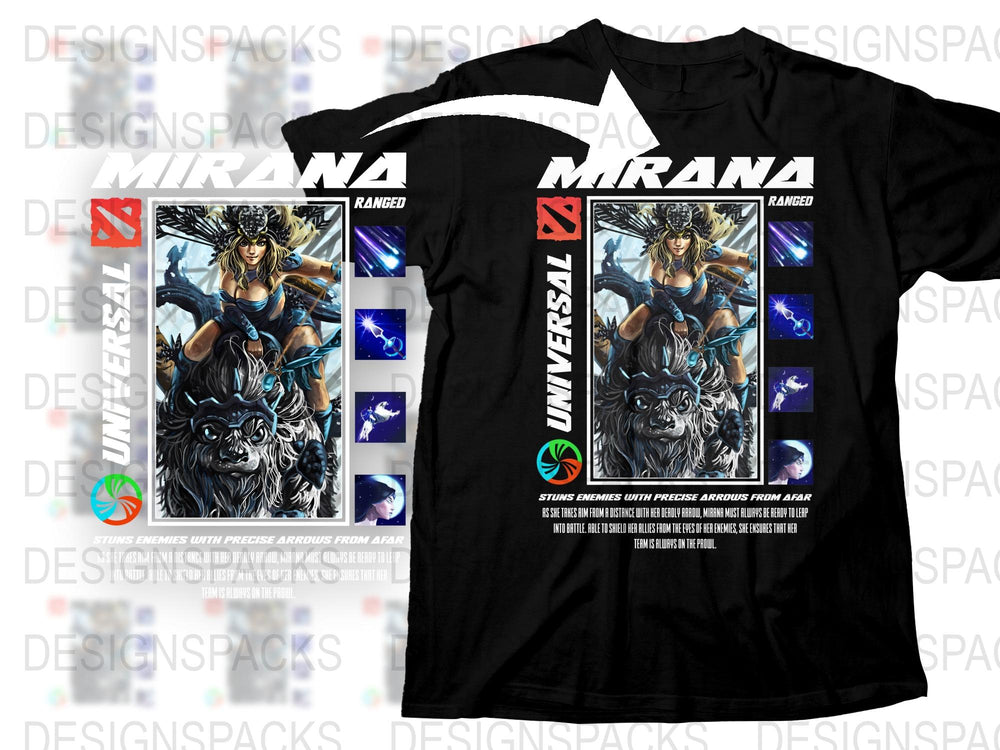 Black Graphic T-Shirt with Fantasy Warrior Woman and Wolf Design, Unique Artistic Apparel