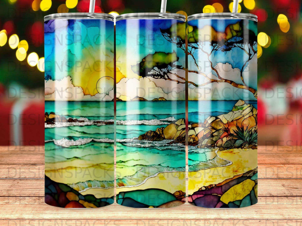 Beach scene with colorful ocean waves, rocks, and a tree on a wood background.