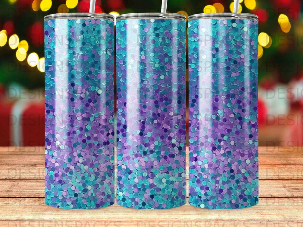 Three tumblers with a sparkling glitter pattern in purple and turquoise.
