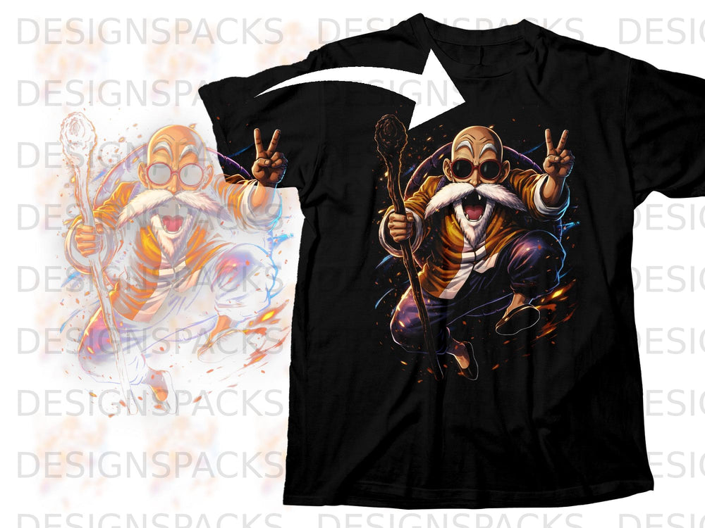 Master Roshi with a staff and peace signs on a black t-shirt.