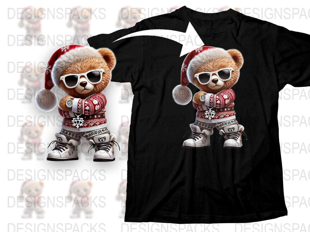Cute Christmas Bear T-Shirt, Holiday Teddy with Sunglasses and Hat, Festive Kids and Adult Tee
