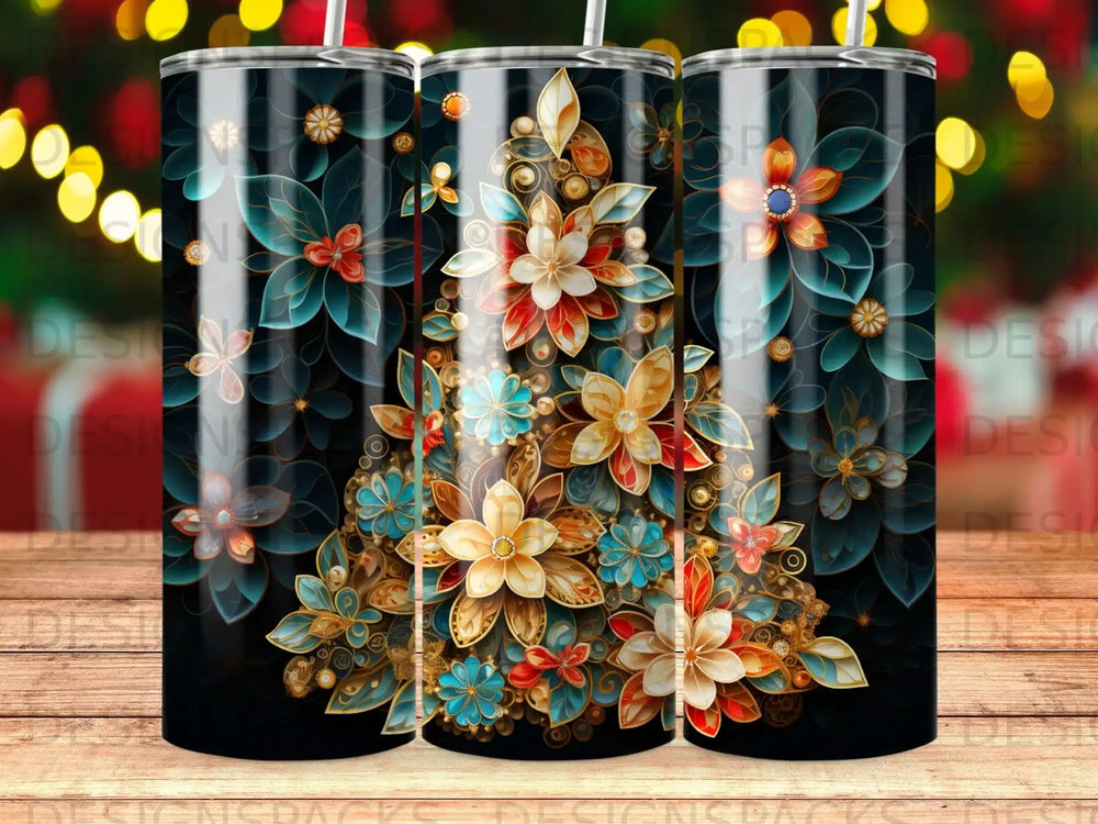 Floral patterned tumbler with decorative accents on black background.