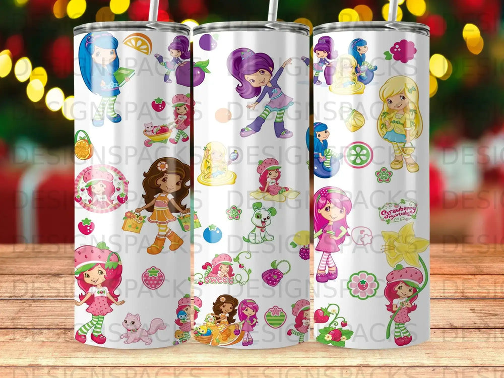 Three tumblers featuring characters from Strawberry Shortcake and Friends.