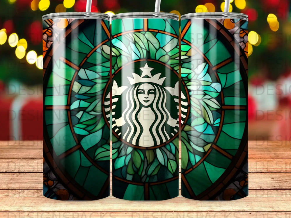 Starbucks siren logo on a stained-glass pattern tumbler.