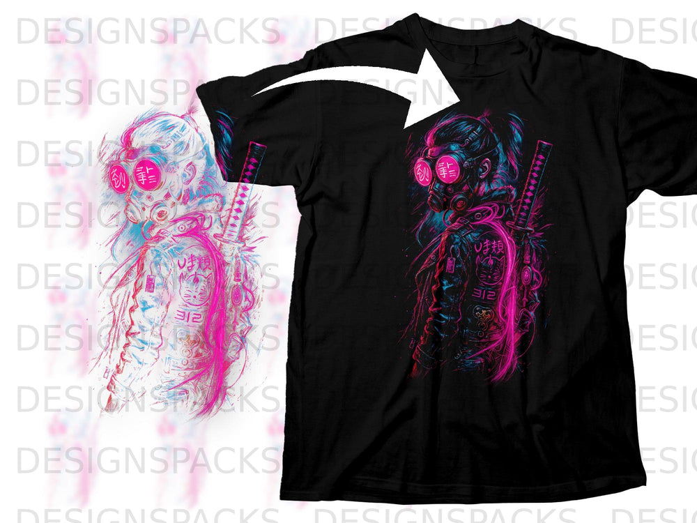 Black t-shirt featuring neon pink and blue cyberpunk samurai design with katana.