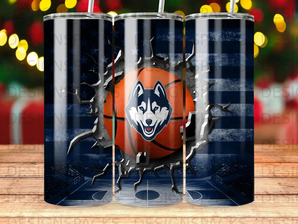 University of Connecticut Huskies basketball logo on a distressed American flag background.