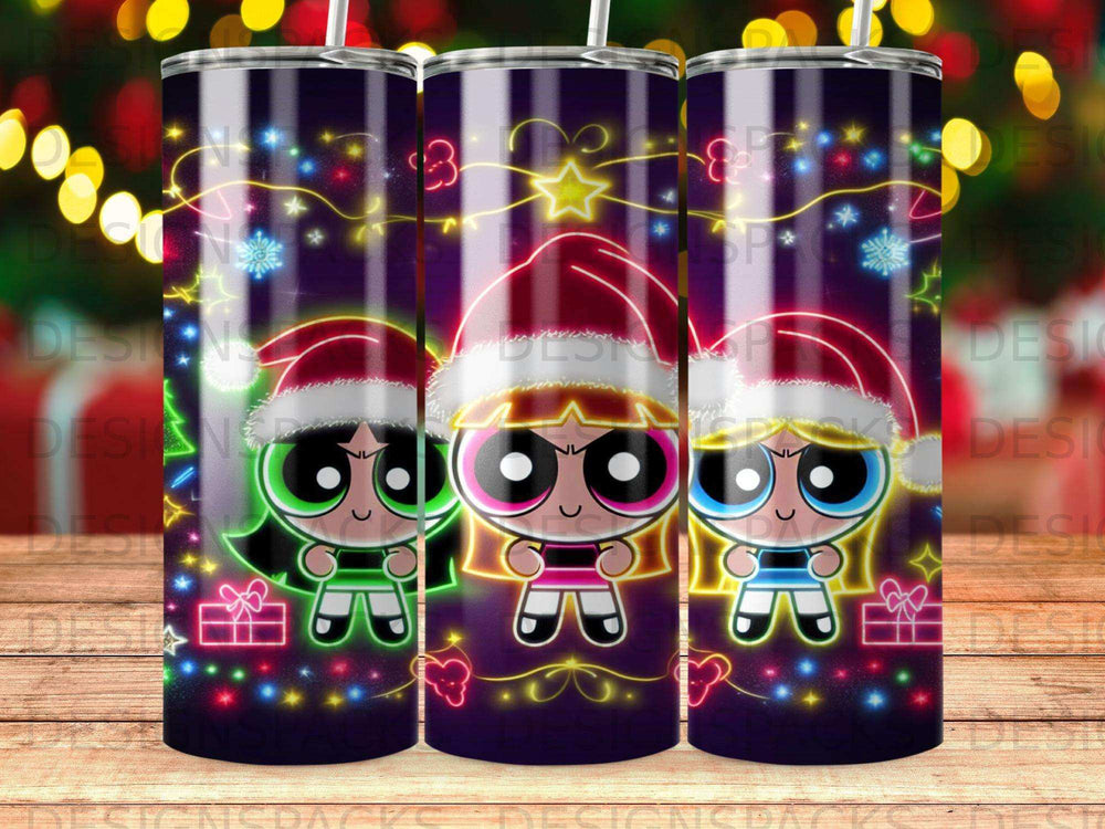 Three cartoon girls in Santa hats with Christmas lights.