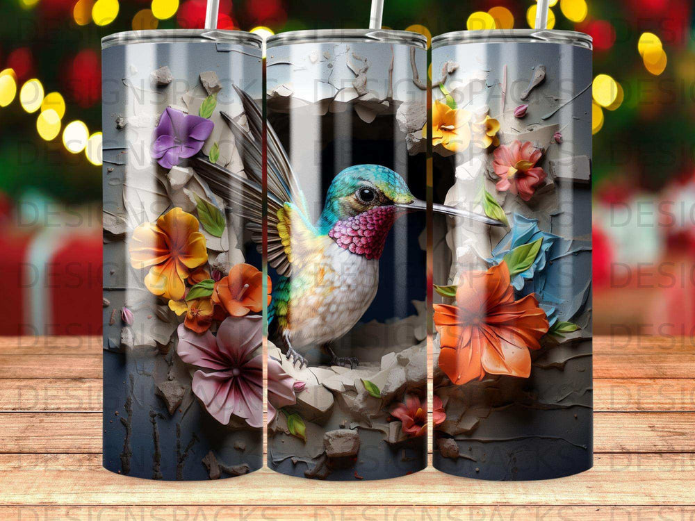 Hummingbird emerging from cracked grey wall with colorful flowers.