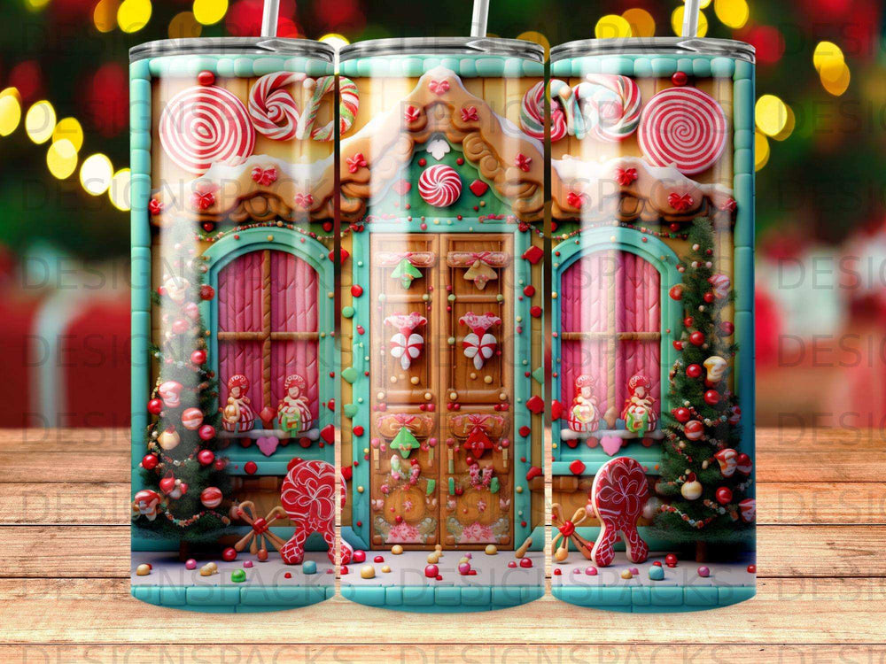 Gingerbread house with candy canes and Christmas trees.