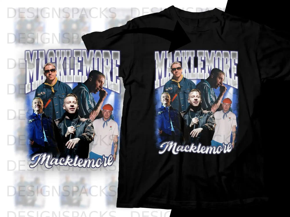 Macklemore t-shirt with three photos of the artist and his name in text.