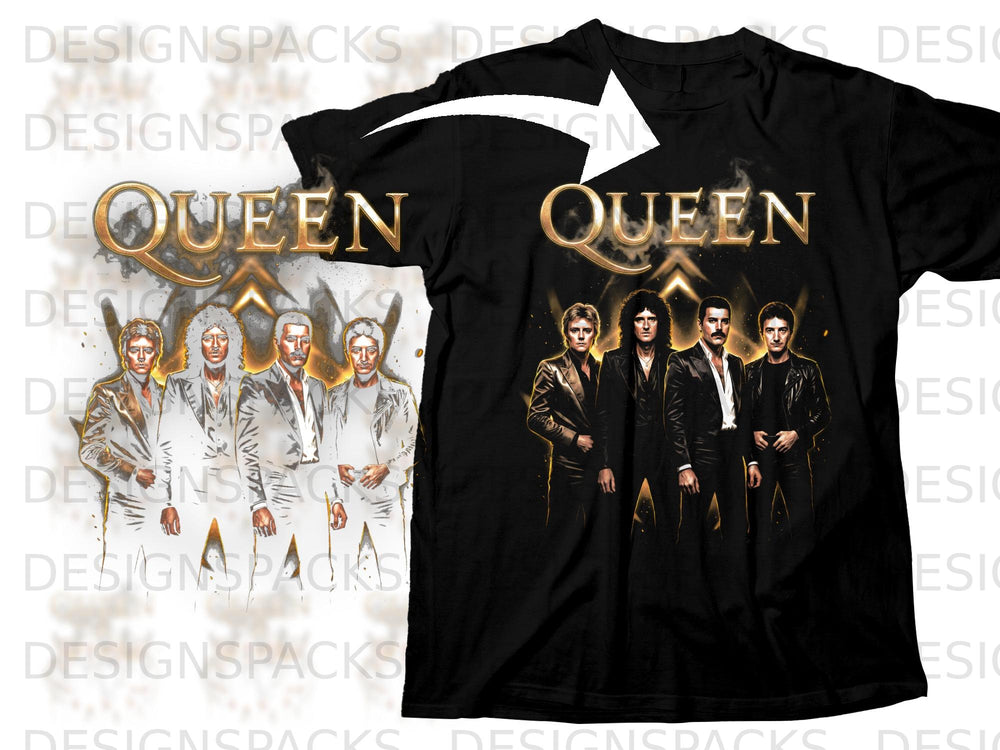 Black t-shirt with Queen logo and four band members in gold and black.