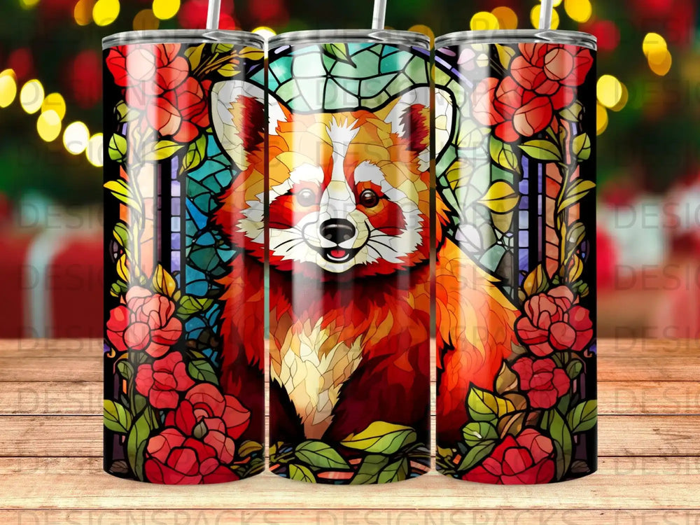 Red panda in stained glass surrounded by red roses.