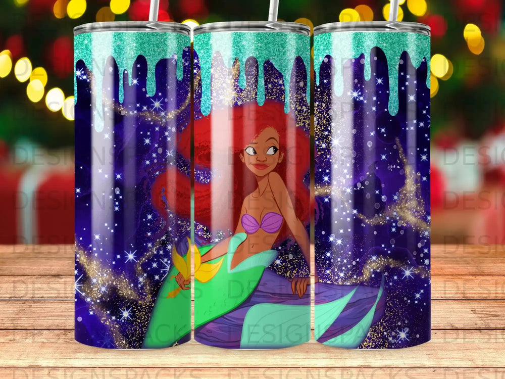 Ariel the Little Mermaid with sparkly, dripping blue liquid over a purple background.
