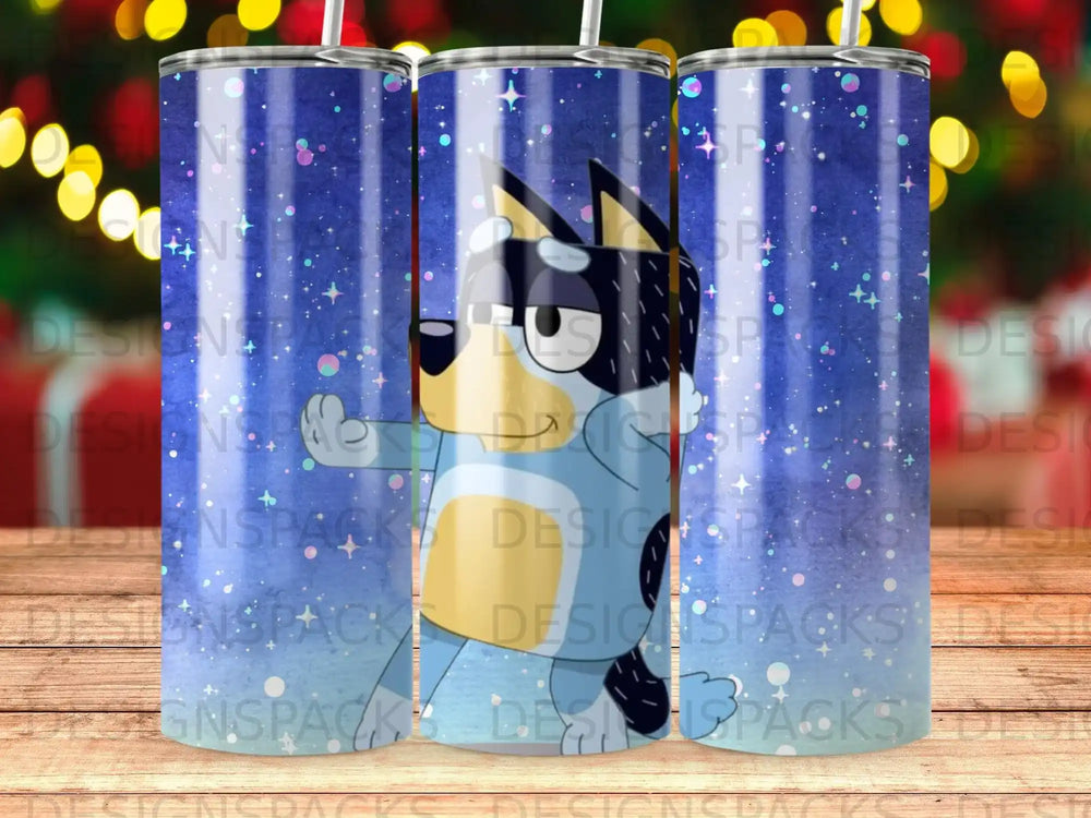Bluey character on a glittery blue tumbler with sparkle background.