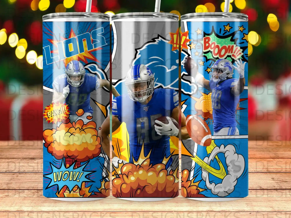 Detroit Lions football players in action with comic book-style graphics.