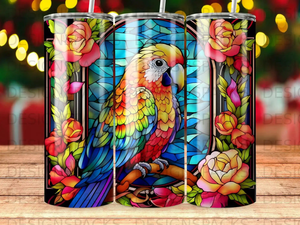 Colorful parrot perched on a branch with stained glass and roses.