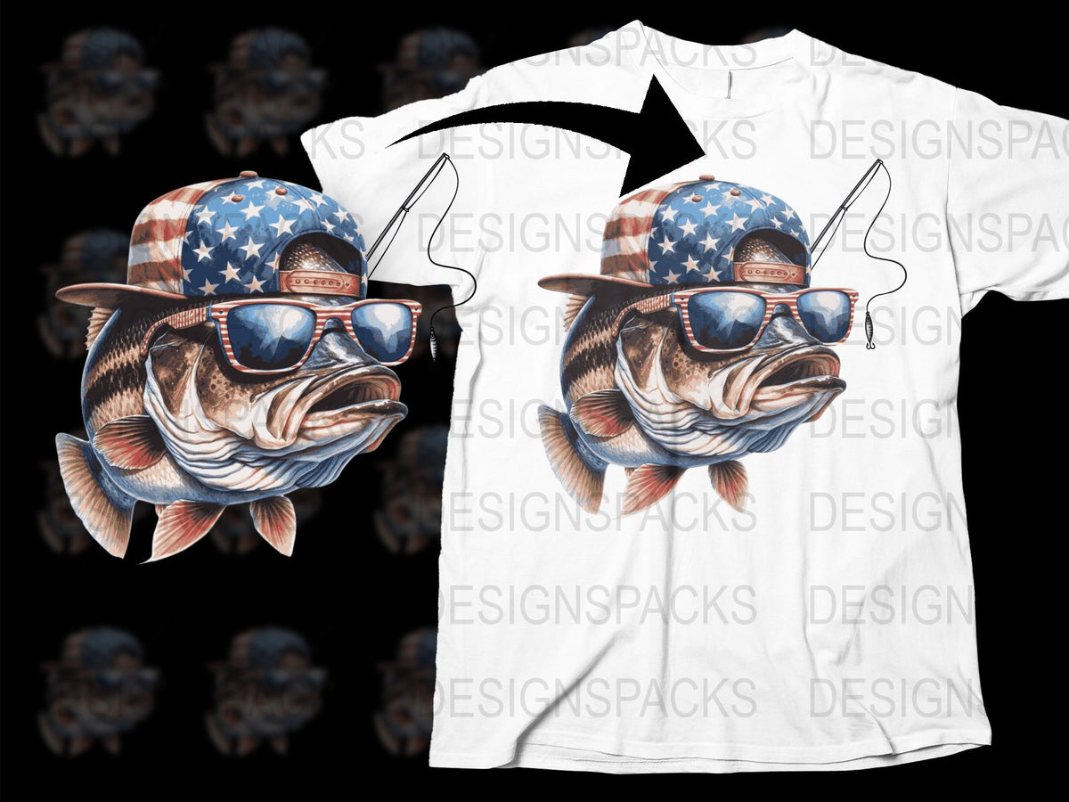Patriotic Fish T-Shirt, American Flag Hat, Cool Sunglasses Fish Tee, Unique Graphic Shirt for Men and Women